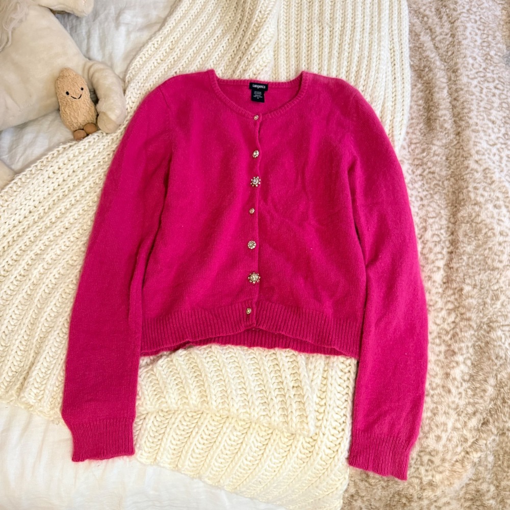 Langenis Hot Pink Angora Blend Cardigan Rhinestone Button Sweater Fuchsia Small